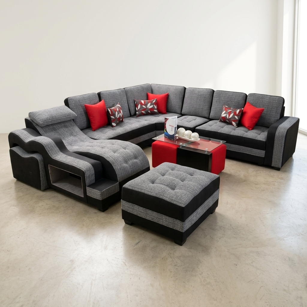 Sofá Seccional Gris con Chaise & Cojines Rojos, Salas & Cocinas
